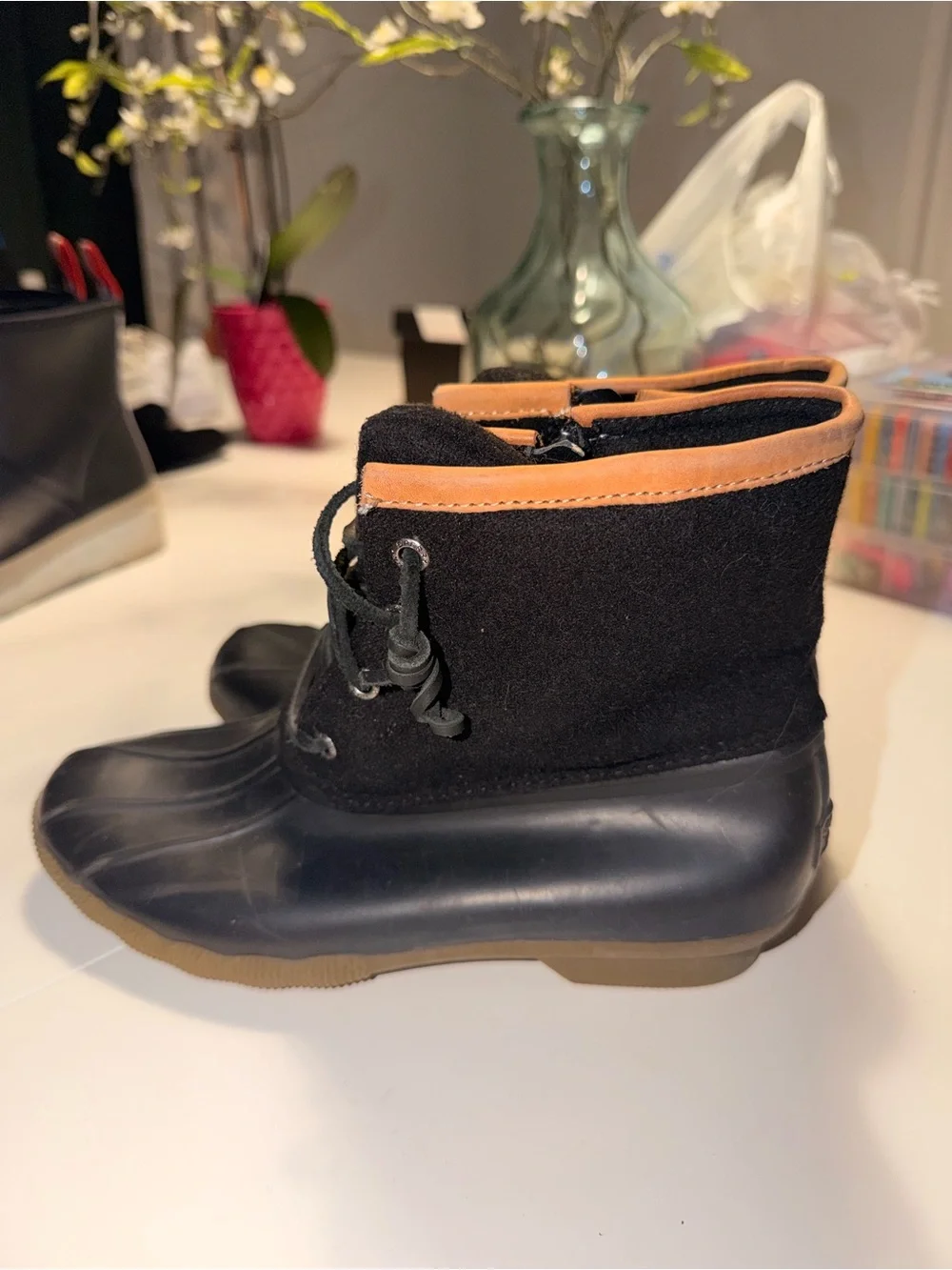 Sperry Black Waterproof Duck Boots with Tan Trim